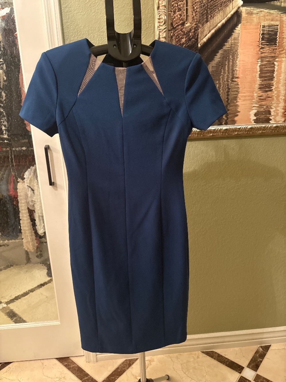 Calvin Klein Blue Short Sleeve Sheath Dress with Cream Mesh Accents - Size 4